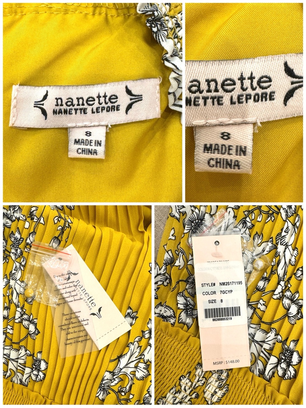 NWT Nanette Lepore Smocked Floral Pleated Chiffon Dress Size 8 Golden Cypress - Picture 12 of 12